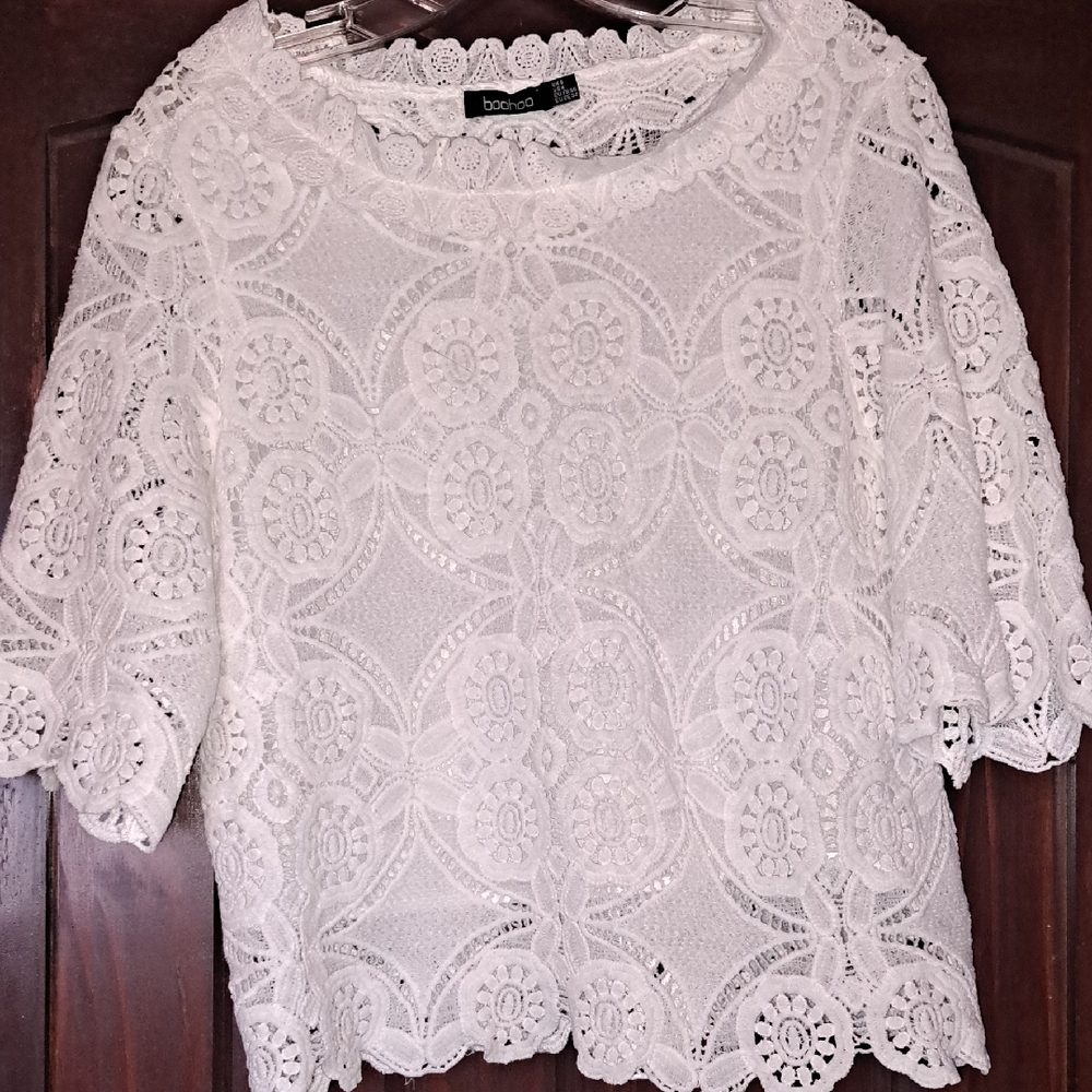 Boohoo White Embellished Blouse with Peter Pan Collar US Size 4